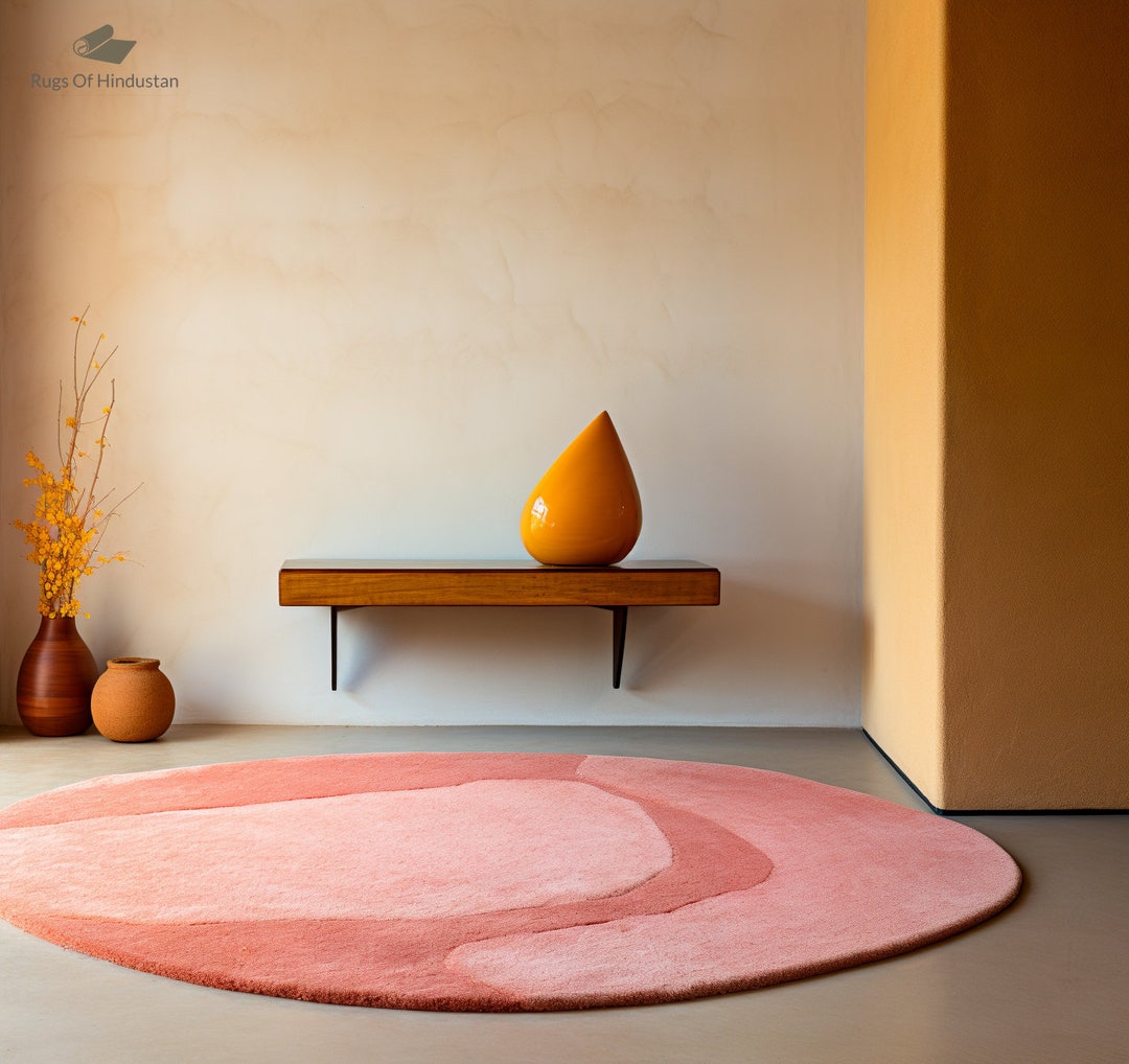 Modern Abstract Peach Color Round Hand Tufted Handmade Rug for Living ...