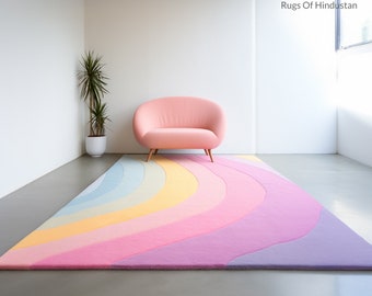 Modern Abstract Pastel Rainbow Design Soft Wool Handmade Area Rug for Home, Office, Living Room, Kids Room 4*6, 5*8, 6*9, 8*10, 9*12ft