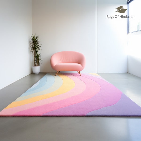 Modern Abstract Pastel Rainbow Design Soft Wool Handmade Area Rug for Home, Office, Living Room, Kids Room 4*6, 5*8, 6*9, 8*10, 9*12ft