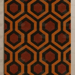 Geometric Hexagon Rug – Retro Mid Century Modern Carpet in Burnt Orange & Black | Iconic Overlook Hotel Style Rug for Living Room Decor