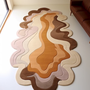Modern Irregular Shape Premium Beige And Brown Woolen Hand Tufted Area Rug Handmade For Living And Dining Room, Bedroom And Home