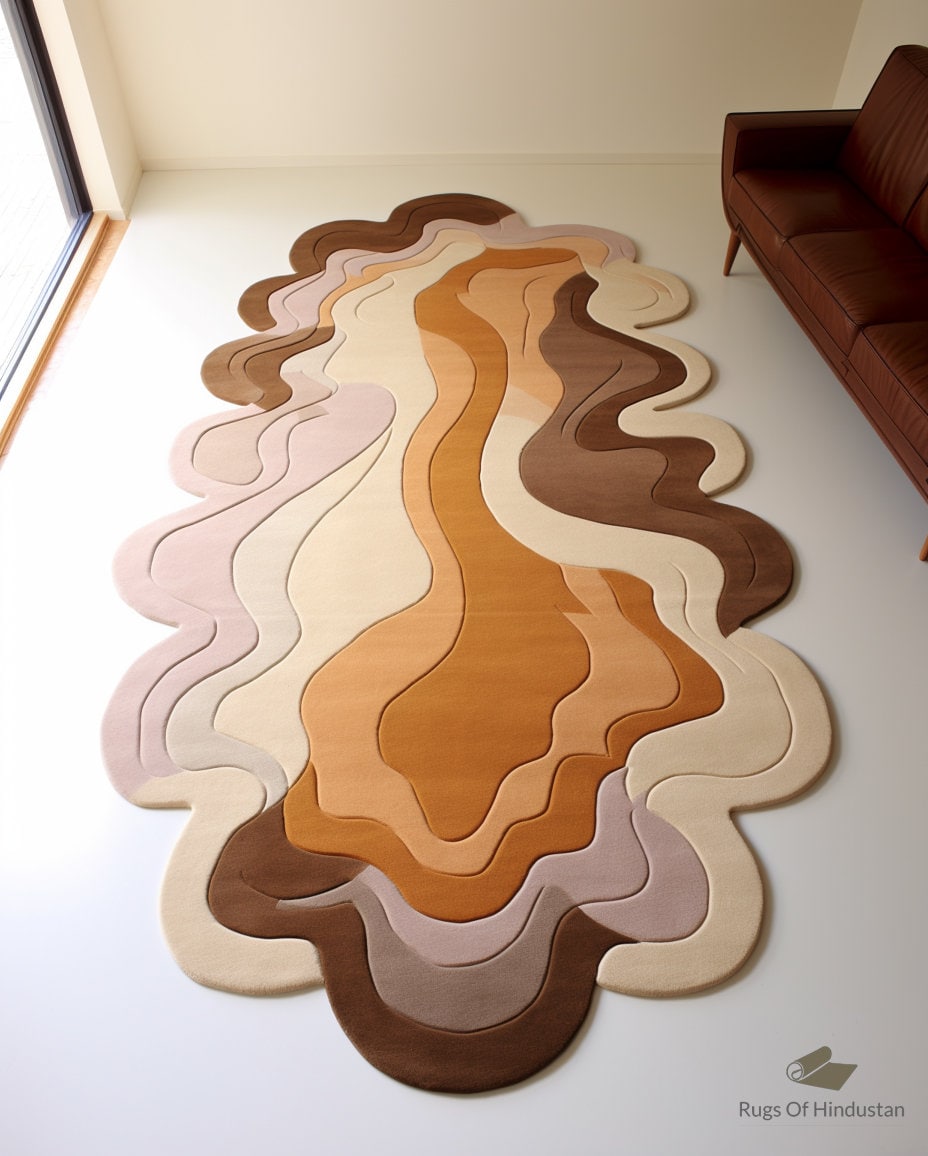 Modern Irregular Shape Premium Beige And Brown Woolen Hand Tufted Area Rug Handmade For Living And Dining Room, Bedroom And Home
