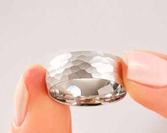 Solid White Gold Hammered Dome Wedding Band (7mm) • Comfort Fit Ring