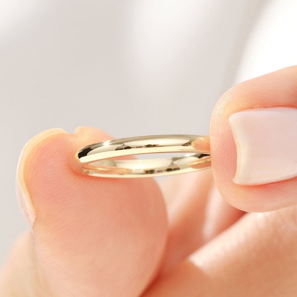 2mm Solid Gold Dome Wedding Band • Thin, Polished, Comfort Fit