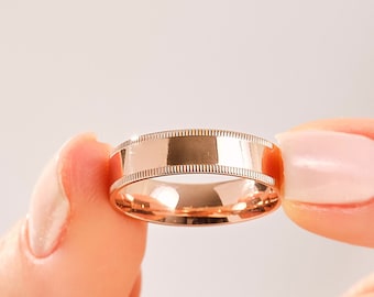 ソリッドローズゴールドミルグレイン結婚指輪 • コンフォートフィット、5mm