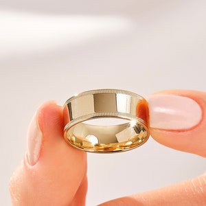 Solid Yellow Gold Flat Milgrain 7 mm Wedding Band • MILGRAIN • COMFORT FIT • Classic Wedding Rings for Men and Women • Custom Engraving