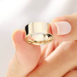 7mm Yellow Gold Flat Wedding Band • FLAT • POLISHED 10k, 14k, 18k Solid Gold Wedding Band for Men and Women • 7mm Plain Gold Band Ring