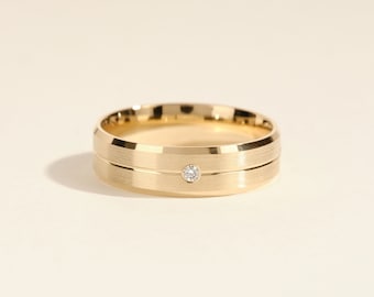 6mm Men&#39;s Flush Set Diamond Wedding Band with Beveled Edges • 10k, 14k, 18k Gold Wedding Ring for Men • Modern Wedding Bands for Him