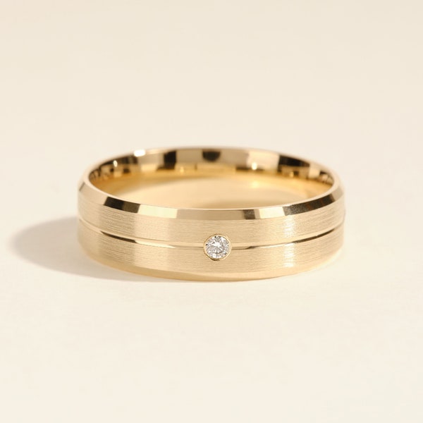 6mm Gold Diamond Wedding Band • Flush Set, Beveled Edge