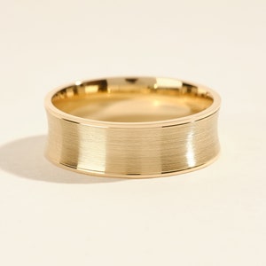7mm Solid Gold Concave Men&#39;s Wedding Band • 10k, 14k, 18k Solid Gold Wedding Ring for Men • Matte Brushed Modern Wedding Bands for Him