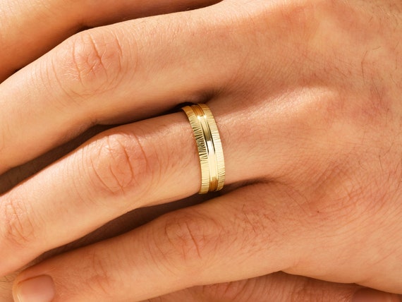 6mm Solid Gold Men s Grooved Wedding Band With Fancy Accents 10k 14k 18k Solid Gold Wedding Band Yellow White or Rose Gold Rings Etsy