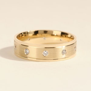 6mm Solid Gold Men's Ten Stone Diamond Wedding Band • BEVELED • MATTE BRUSHED • 10k, 14k, 18k Solid Gold Wedding Ring for Men • Promise Ring
