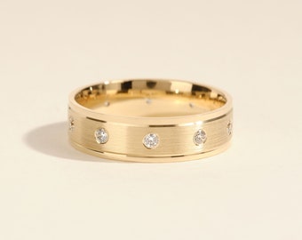 Men's 6mm Matte Brushed Gold Wedding Band with Diamonds • Beveled Edge 14k/18k Ring