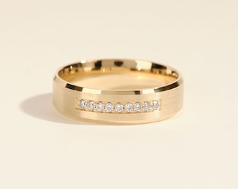 6mm Solid Gold Men&#39;s Nine-Stone Diamond Wedding Band with Beveled Edges • 10k, 14k, 18k Solid Gold Wedding Rings for Men • Modern Mens Rings