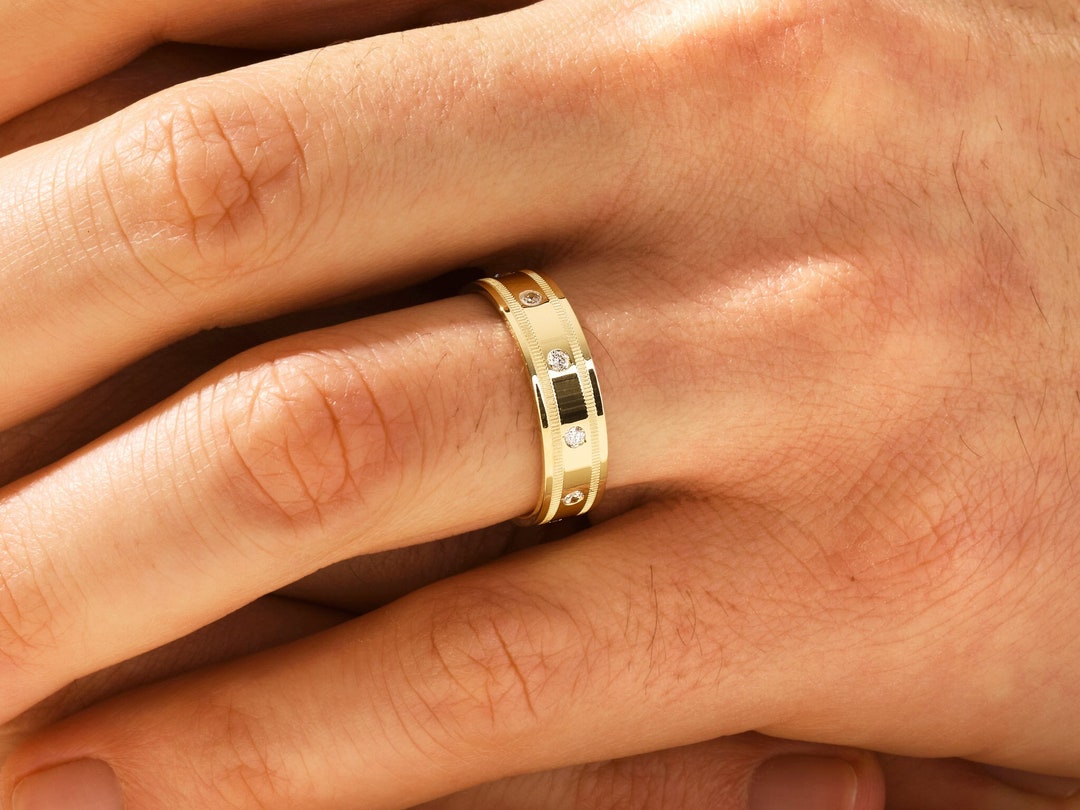 6mm Solid Gold Men s Ten stone Diamond Wedding Band With Milgrain Edges 10k 14k 18k Solid Gold Wedding Ring for Men Promise Ring Mens Etsy
