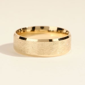 7mm Solid Gold Men&#39;s Wedding Band • BEVELED • ICE MATTE • 10k 14k 18k Gold Wedding Ring for Men • Ice Matte Brushed Wedding Band for Him