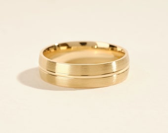 6mm Solid Gold Men&#39;s Wedding Band • MATTE • CARVED • 10k, 14k, 18k Solid Gold Wedding Rings for Men • Modern Unique Wedding Bands for Him