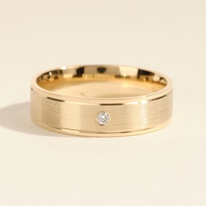 Flush Set Men's Diamond Wedding Band with Beveled Edges • 6mm Solid Gold Diamond Wedding Ring • Simple Minimalist Wedding Ring for Men