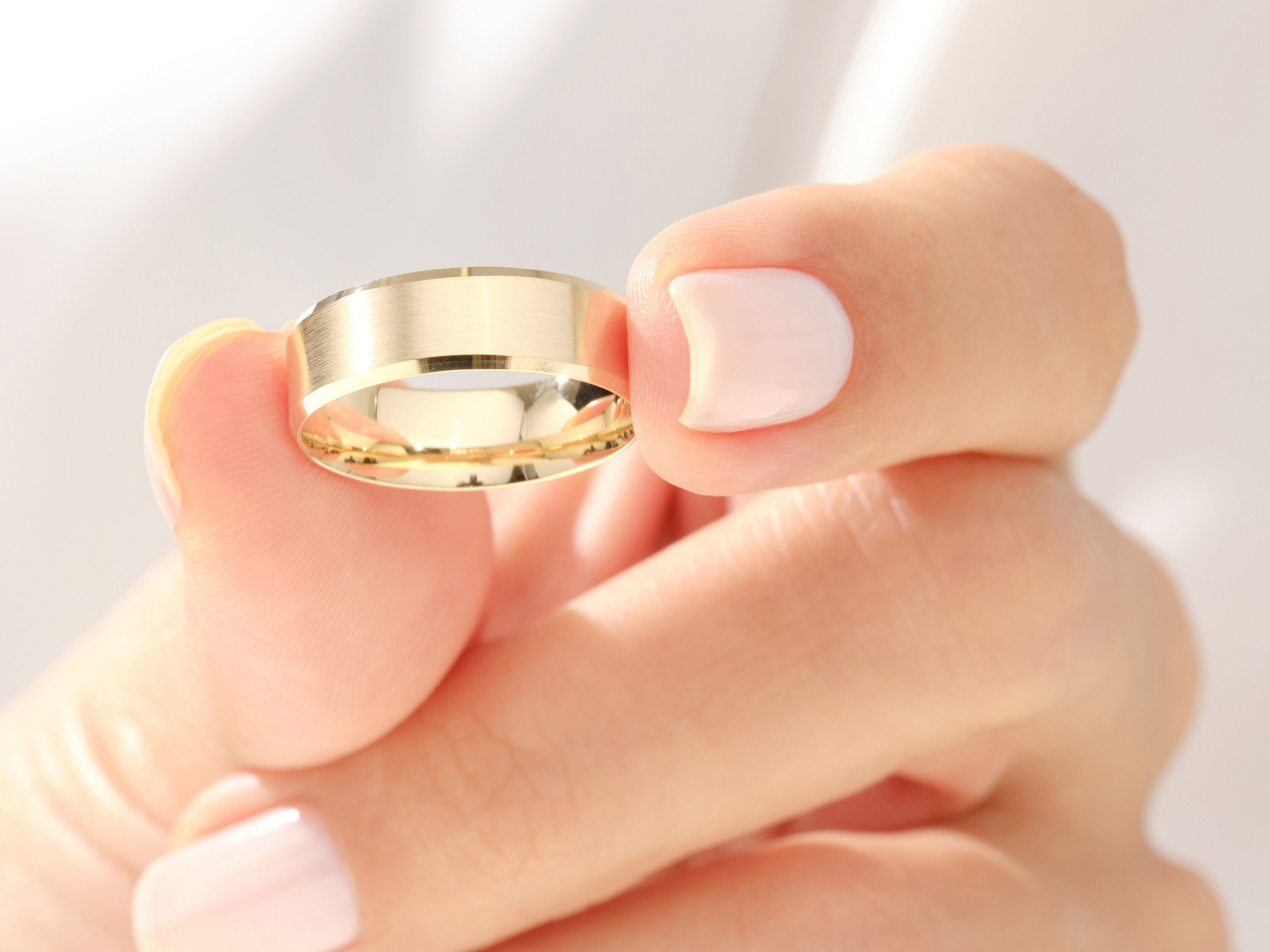 6mm Yellow Gold Bevel Wedding Band • BEVELED EDGE • MATTE • 10k, 14k, 18k Solid Yellow Gold Wedding Band for Men and Women