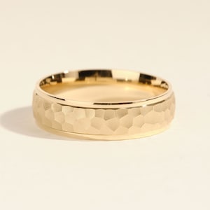6mm Solid Gold Hammered Dome Men's Wedding Band with Beveled Edges • 10k, 14k, 18k Gold Wedding Ring for Men • Matte Hammered Ring for Him