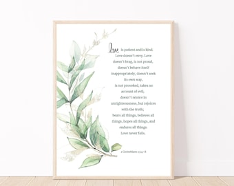1 Korinther 13: 4-8 Bibelvers druckbar, Schrift Wandkunst, Liebe ist geduldig und freundlich, Hochzeitsgeschenk, christliche Geschenke, christliche Wandkunst