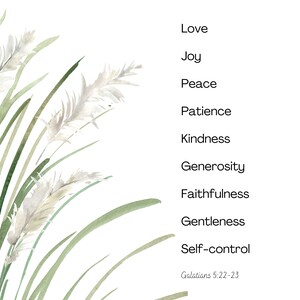 K&ouml;nnte beinhalten: Eine Aquarell-Illustration von gr&uuml;nem Gras und wei&szlig;en, gefiederten Pflanzen mit dem Text "Liebe, Freude, Friede, Geduld, Freundlichkeit, Gro&szlig;z&uuml;gigkeit, Treue, Sanftmut, Selbstbeherrschung, Galater 5,22-23".