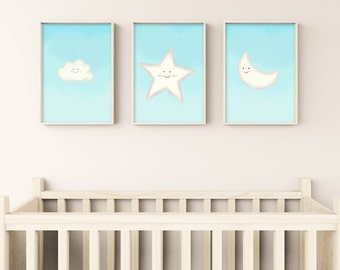 Set of 3 sky themed nursery prints, cloud nursery decor, moon nursery decor, star nursery wall art, unisex gender neutral wall art, digital