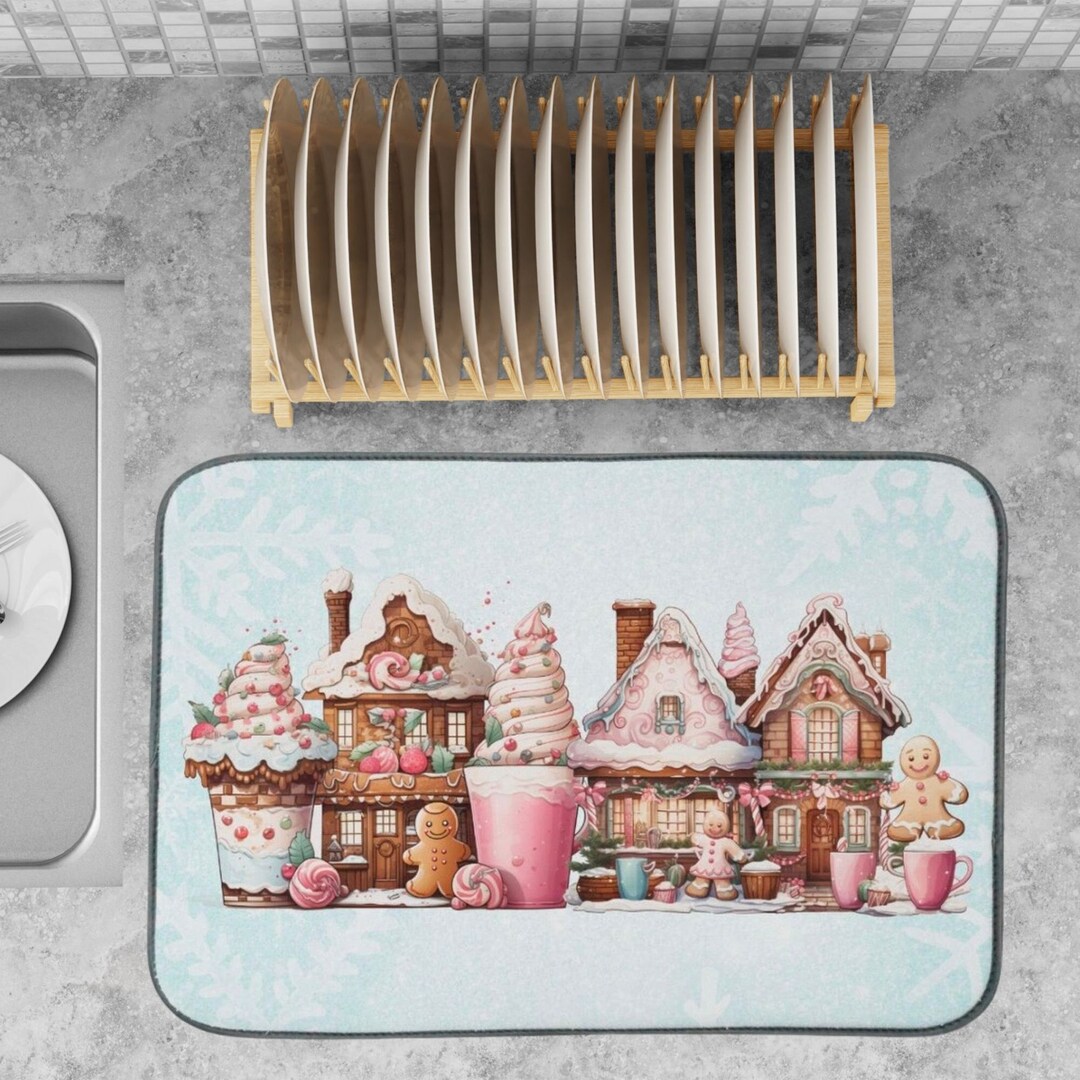 Christmas Dish Drying Mat, Gingerbread and Coffee Kitchen Decor, Gifts