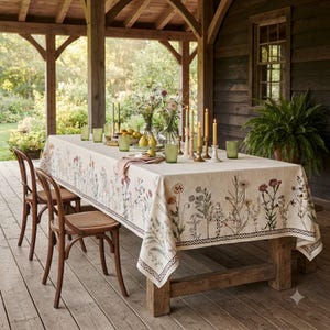 May include: A rectangular tablecloth with a cream-colored base featuring a printed botanical pattern of wildflowers along the edges. The design includes various stems, leaves, and flowers in muted tones of green, brown, and soft red.