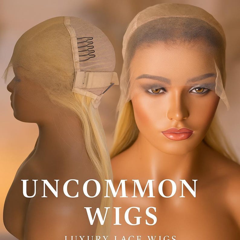 May include: A blonde lace front wig displayed on a mannequin head, showing the sheer lace cap construction, internal combs, and adjustable straps. The text UNCOMMON WIGS LUXURY LACE WIGS is printed in white at the bottom of the image.