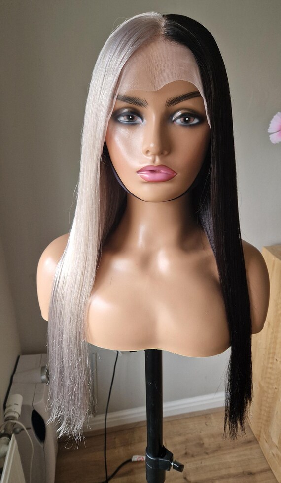 Custom Wig Human Hair Wig Split Color Dark Brown Platinum Blonde Lacefront Wig 13x4 Lace Wig Glueless 100 Low Density Real Hair Etsy Canada