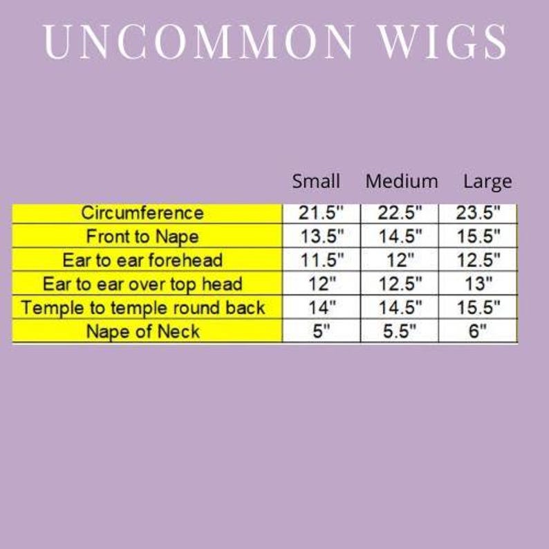 May include: A sizing chart for UNCOMMON WIGS on a light purple background. The chart features yellow rows with measurements in inches for small, medium, and large sizes, including circumference, front to nape, and ear to ear dimensions.
