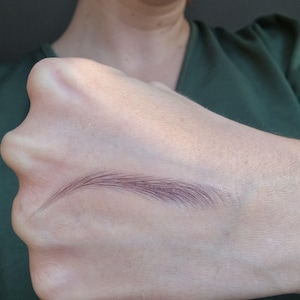 Puede incluir: Una mano que muestra una ceja dibujada en color marrón oscuro. La ceja está arqueada y tiene una apariencia plumosa, con trazos individuales visibles. El tono de piel es claro y el fondo es verde liso.