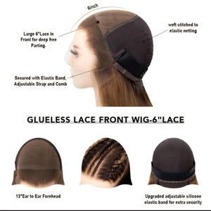 May include: A glueless lace front wig featuring a 6-inch lace section for deep parting, weft stitched to elastic netting, and secured with an adjustable strap, comb, and silicone elastic band. The wig measures 13 inches from ear to ear across the forehead.