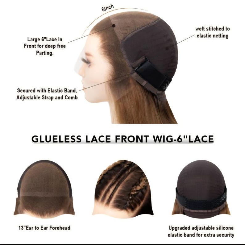 May include: A glueless lace front wig featuring a 6-inch lace section for deep parting, weft stitched to elastic netting, and secured with an adjustable strap, comb, and silicone elastic band. The wig measures 13 inches from ear to ear across the forehead.