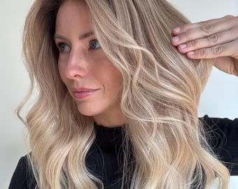 Perruque sur mesure en cheveux humains naturels, balayage blond clair, perruque lace front 5x5, sans colle, 100% cheveux naturels à faible densité, pour l'alopécie.
