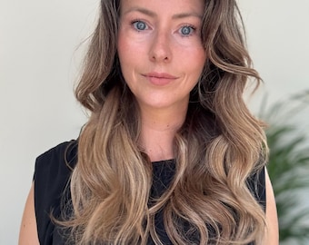 Light Brown Balayage Human Hair Wig, 20 Inch, Dark Root, 13x6 HD Lace Front, Glueless, Medium Cap – Olivia, Ready to Ship