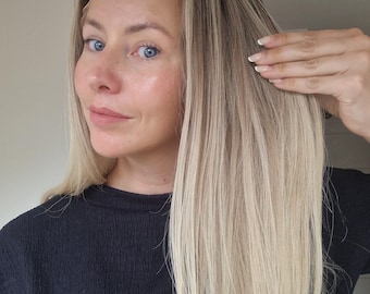 Ash Blonde Balayage Human Hair Wig, 18 Inch, Rooted, Glueless Beginner Cap, 5x5 HD Lace – Lisa, Ready to Ship