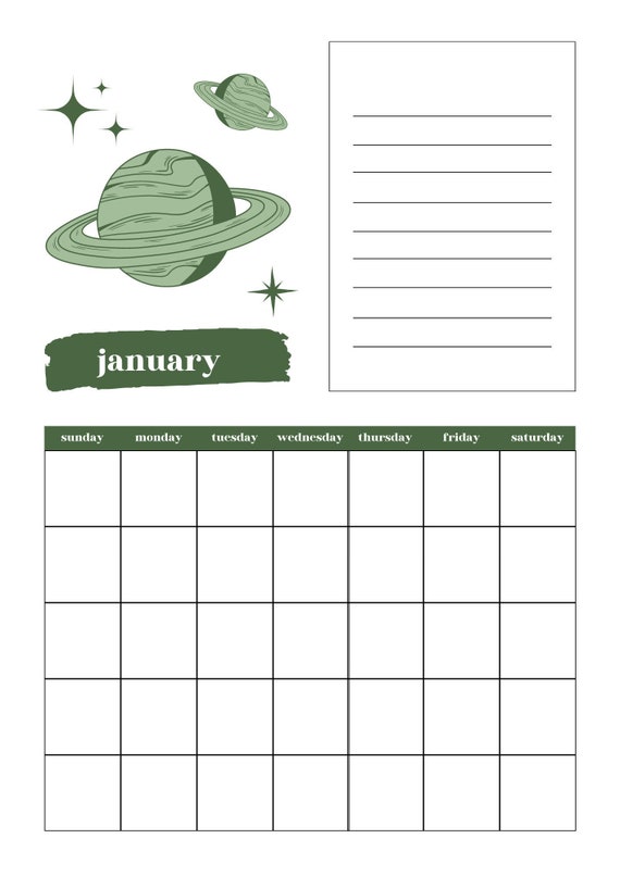Printable Calendar Space green - Etsy