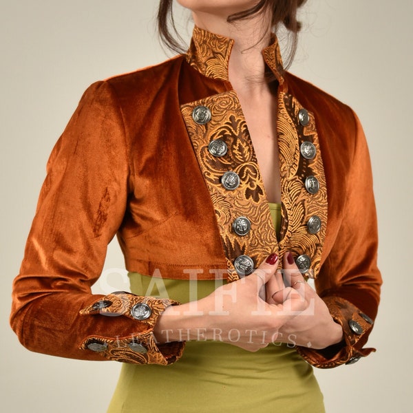 Orange European Cut Vintage Jacket | Classic Crop Made from Luxe Velvet | Statement Attire Jacket | Stage Cosplay Wear | Formal Riding Top