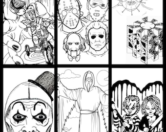 Puede incluir: Ilustraciones en blanco y negro de personajes de películas de terror. Incluye a Pennywise, Jason Voorhees, Freddy Krueger, y otros. Las imágenes son en formato vertical, para colorear o para carteles.