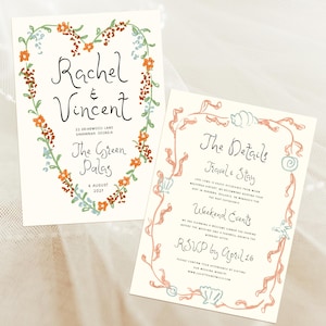 May include: Wedding invitation with a floral heart design and the names Rachel and Vincent. The invitation includes the date and location of the wedding, The Green Palas, 6 August 2027. A second card provides details about travel, stay, and weekend events.