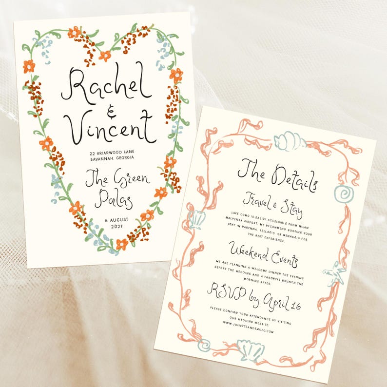 May include: Wedding invitation with a floral heart design and the names Rachel and Vincent. The invitation includes the date and location of the wedding, The Green Palas, 6 August 2027. A second card provides details about travel, stay, and weekend events.