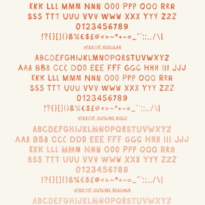 May include: A font family called "French Aperitif" with six different styles: Script, Bold, Regular, Outline Bold, Outline Regular, and Outline Thin. The font includes uppercase letters, numbers, and punctuation marks.