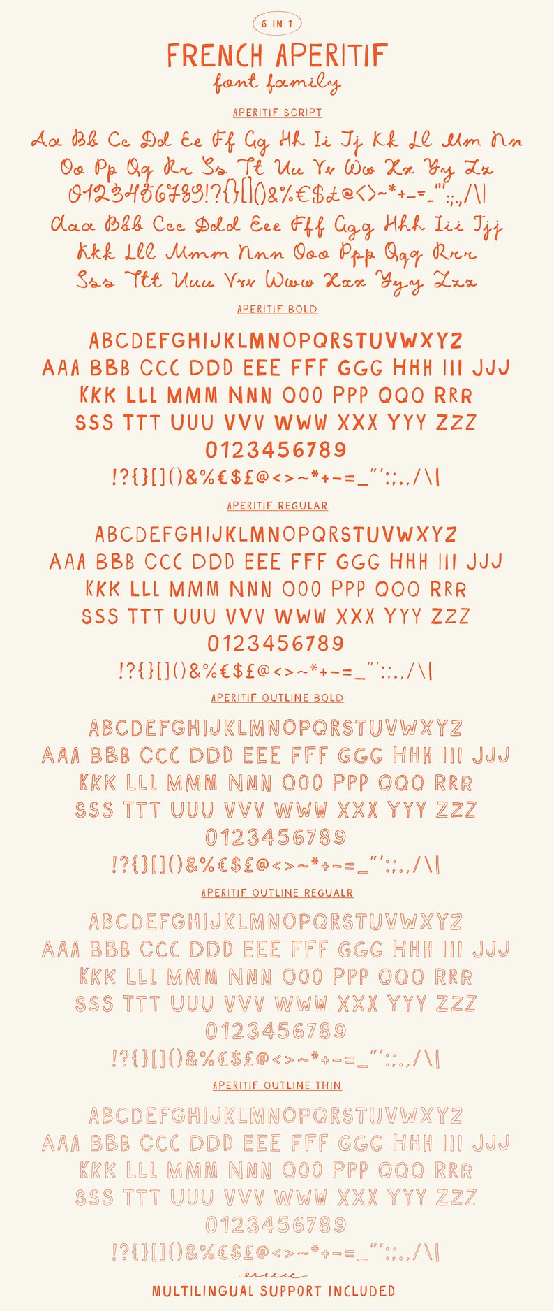 May include: A font family called "French Aperitif" with six different styles: Script, Bold, Regular, Outline Bold, Outline Regular, and Outline Thin. The font includes uppercase letters, numbers, and punctuation marks.