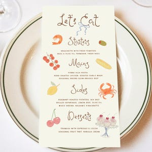 Może przedstawiać: Aquarela przedstawiająca menu z tytułem "Let's Eat" i listą potraw, w tym przystawek, dań gł&oacute;wnych, dodatk&oacute;w i deser&oacute;w. Ilustracja przedstawia r&oacute;żne potrawy, takie jak krewetki, pomidory, wiśnie, cytryna, krab i babeczki.