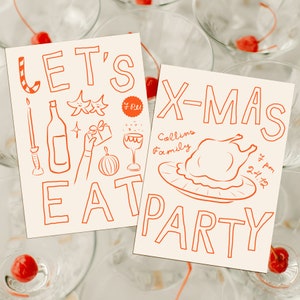 May include: Two illustrated cards with a Christmas theme. The first card says "Let's Eat" with a red and white candy cane, a wine bottle, a gift, a star, and a glass of wine. The second card says "X-Mas Party" with a turkey, a plate, and the text "Collins Family 4 pm Dec. 19".