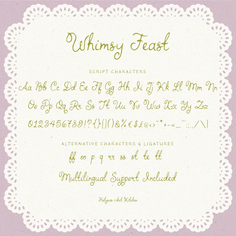 May include: A font chart showing the uppercase and lowercase letters of the Whimsy Feast script font. The font is a handwritten style with a whimsical feel. The chart also includes numbers, punctuation marks, and alternative characters.