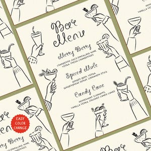 May include: A black and white illustration of a bar menu with a festive holiday theme. The menu features four different cocktails with names and ingredients: "Ellerry Berry", "Spiced Ellule", "Candy Cane", and "Peppermint Schnapps".