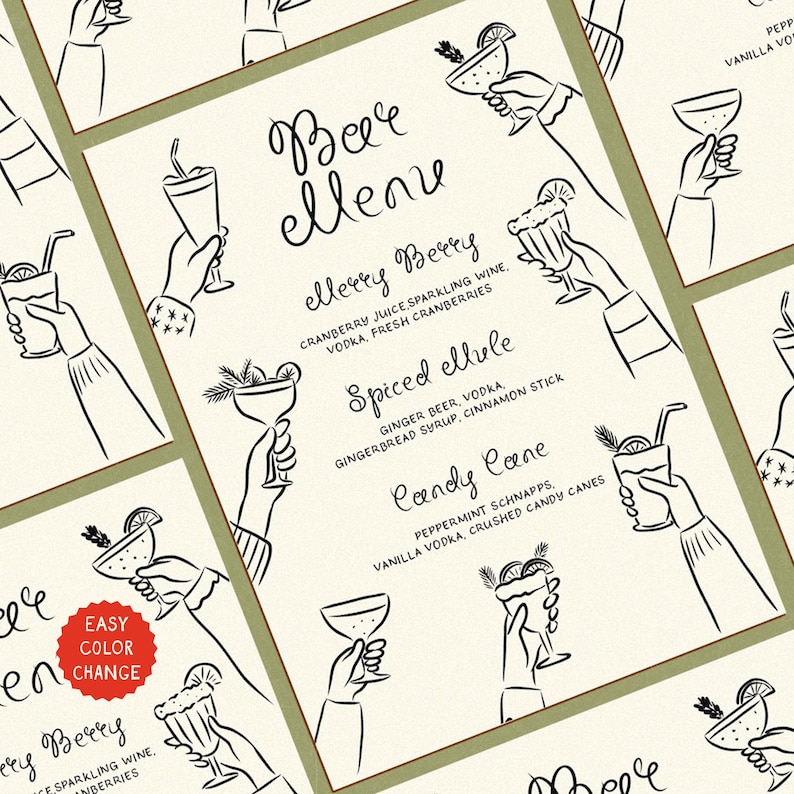 May include: A black and white illustration of a bar menu with a festive holiday theme. The menu features four different cocktails with names and ingredients: "Ellerry Berry", "Spiced Ellule", "Candy Cane", and "Peppermint Schnapps".